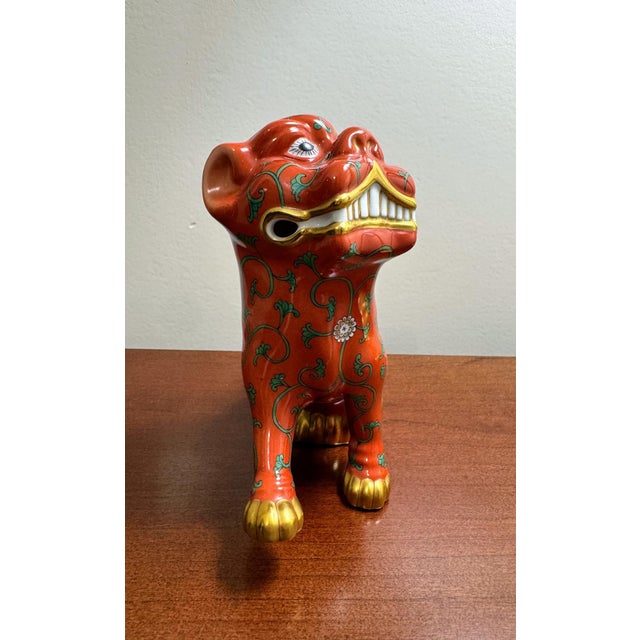 Chinese Herend Red Dynasty Foo Dog Guardian Lion Red Ground Hand Painted Porcelain For Sale - Image 3 of 15