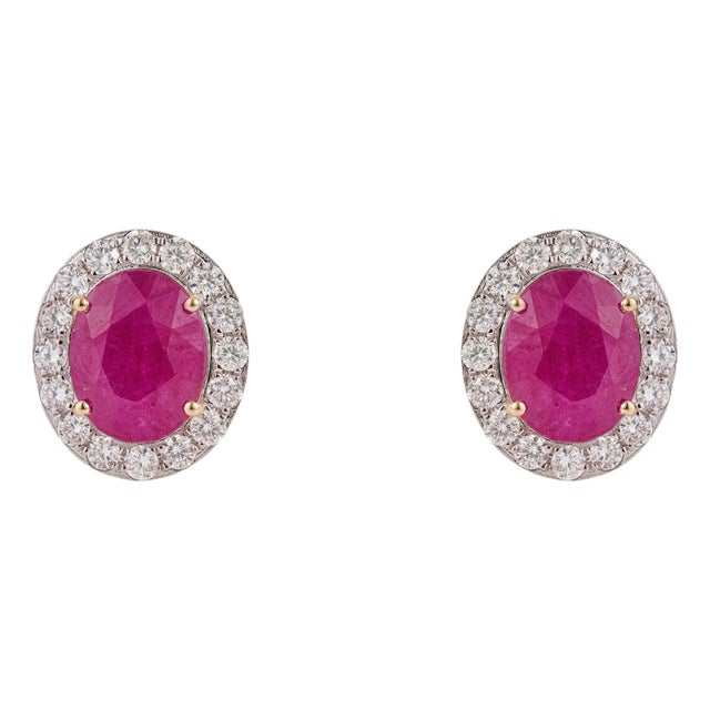 7.21ct Oval-Cut Ruby & 1.16ct Diamond Halo Stud Earrings in 18k Yellow Gold- A Pair For Sale