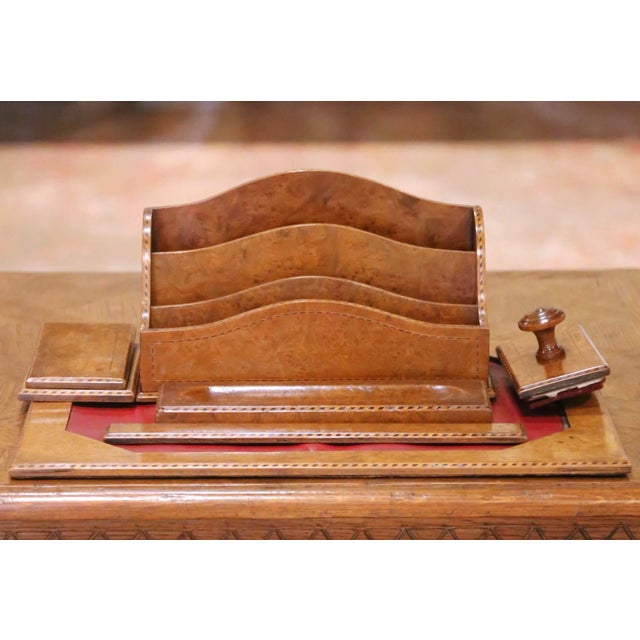 French Mid-Century French Burl Wood 6-Piece Desk Set With Letter Rack and Accessories For Sale - Image 3 of 17