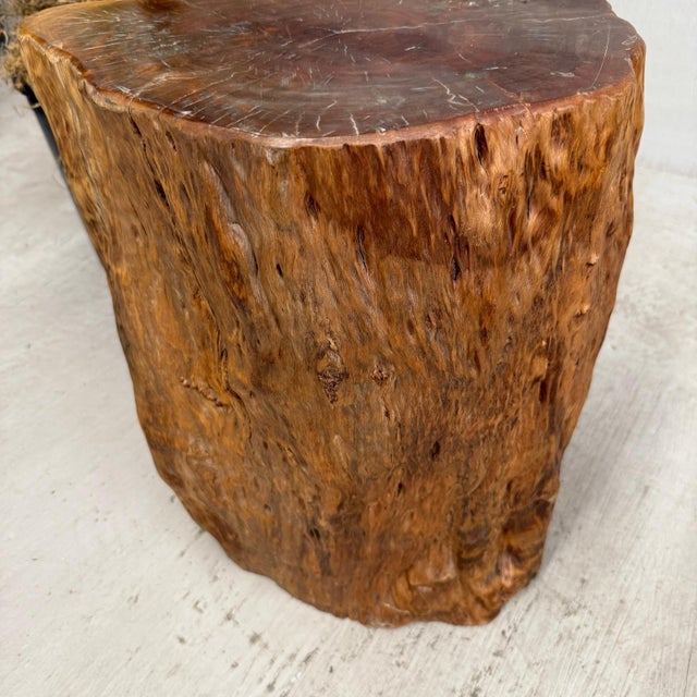 Rustic Reclaimed Tree Trunk Side Pedestal Table with Red Brown Top For Sale - Image 3 of 6