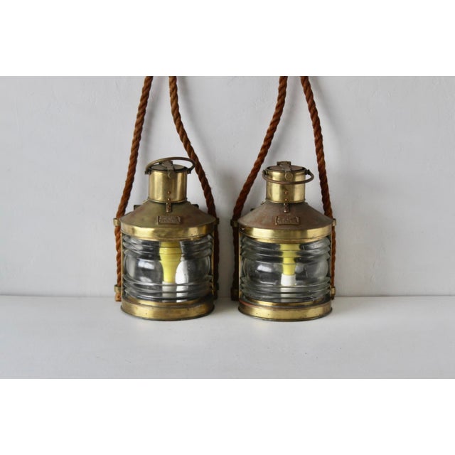 Mid-Century Modern Vintage British Brass Glass Rope Marine Masthead Light Lantern Lamps-a Pair For Sale - Image 3 of 17