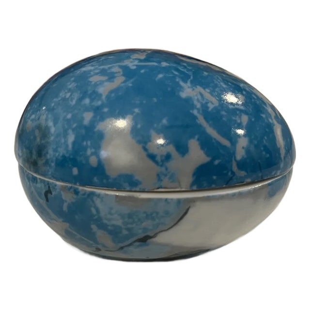 1950s Vintage Porcelain Limoges France Pedestal Egg Trinket Box Teal For Sale