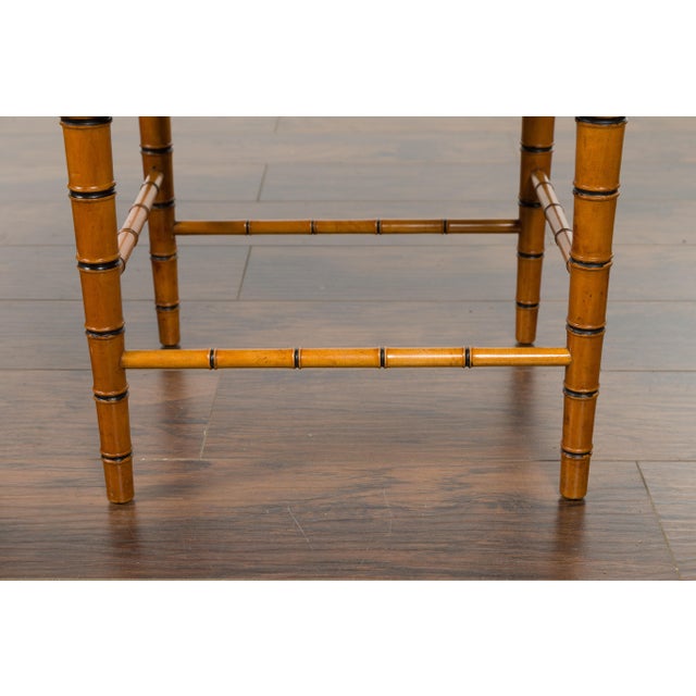 Mid-Century Modern Vintage Pair of English Midcentury Faux Bamboo Walnut Stools with Rush Seats For Sale - Image 3 of 12