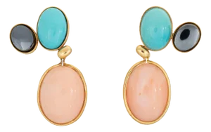 Circa 1982 Tiffany & Co Earrings Picasso Coral Turquoise Gemstone Drops 18k Gold - 2 Pieces