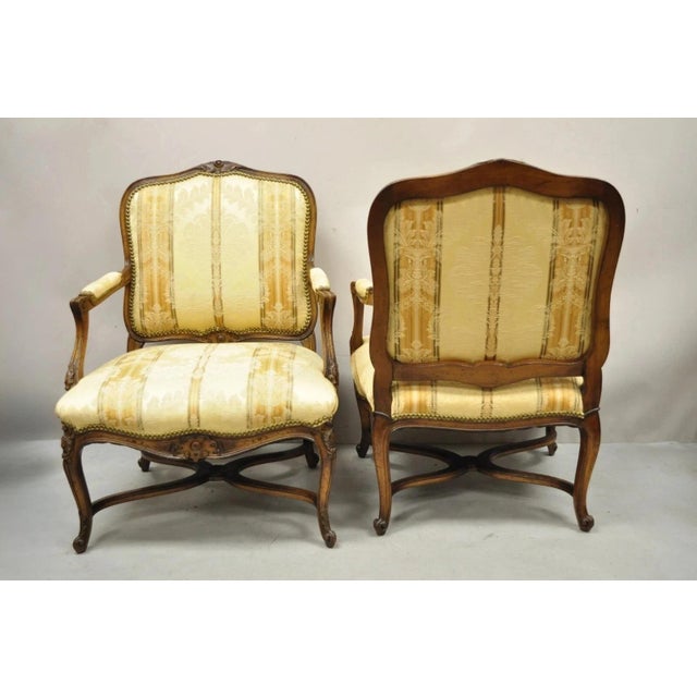 Vintage French Country Louis XV Style Carved Walnut Lounge Arm Chairs - A Pair For Sale - Image 10 of 12