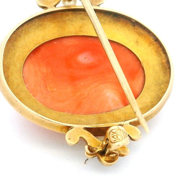 Late 19th Century Victorian Hand-Carved Mediterranean Coral Cameo Brooch in 14k Gold With Seed Pearls For Sale - Image 12 of 13