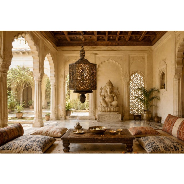 In excellent working condition, an exceptionally decorative Indian brass hanging lantern, distinguished by its...