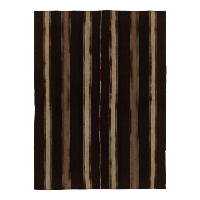 Vintage Turkish Kilim Rug in All Beige-Brown Stripe Patterns With Red Accents For Sale