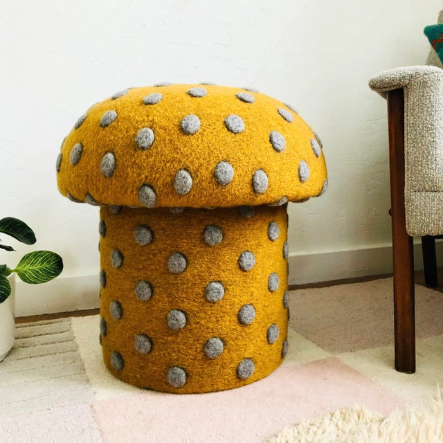 Mushroom Ottoman in Wool Ochre Dot For Sale - Image 13 of 13