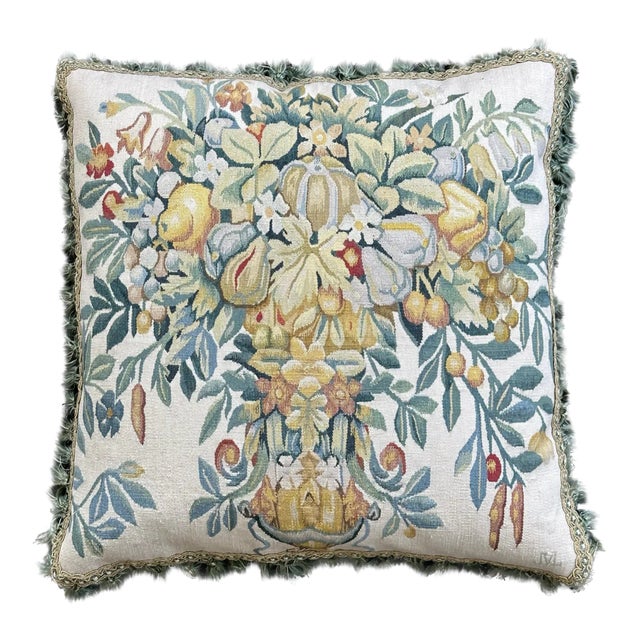 2000s Fine Wool and Silk Blend Aubusson Weave Blue Gold Fruit Tree Design Pillow For Sale