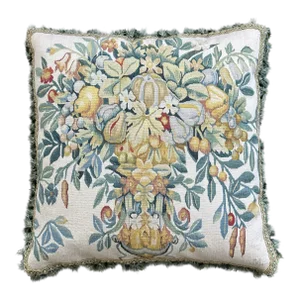 2000s Fine Wool and Silk Blend Aubusson Weave Blue Gold Fruit Tree Design Pillow