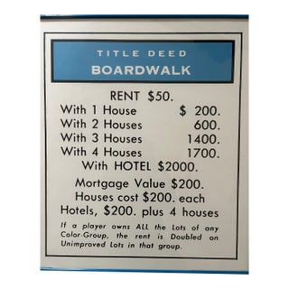 Vintage 1970s Giant Monopoly Title Deed Framed Wall Art – "Boardwalk" Pop Art Print For Sale
