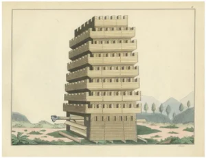 Von Reibisch, Multi-Level Medieval Siege Tower, 1842, Hand-Coloured Lithograph