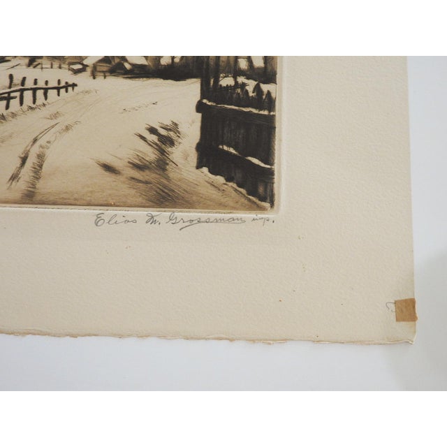 1931 continental school sepia tone etching on paper by Elias Mandel Grossman (1898 - 1947) New York of european village in...