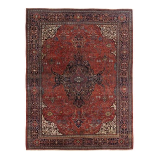 19th Century Antique Farahan Sarouk Carpet, Handmade Oriental Rug, Red, Navy For Sale