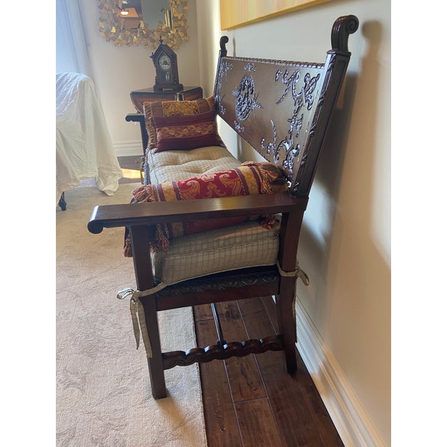 Mid 20th Century Mid 20th Century Antique Castilian Style Spanish Wood Bench With Custom Thai Silk Pillow For Sale - Image 5 of 7