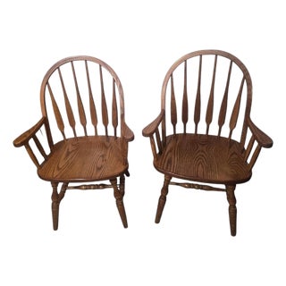 Vintage Oak Windsor-Style Paddle-Back Armchairs, a Pair For Sale