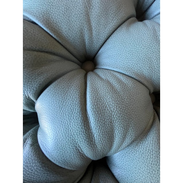 Custom Rectangular Tufted Leather Ottoman in Blue For Sale In San Francisco - Image 6 of 9