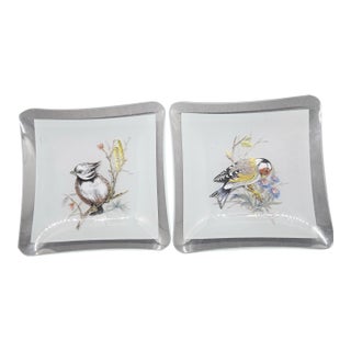 Vintage Glass Trinket Dish Set of 2 Birds Frosted White Multicolor For Sale