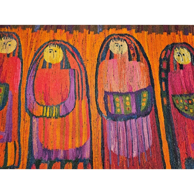 Vintage Mid-Century Tapestry, Handwoven Wool, Folkloric Schoolgirls Design, Crimson & Yellow, 38” X 70” For Sale In Chicago - Image 6 of 11