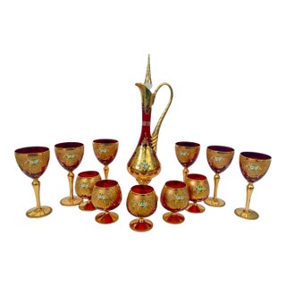 Vintage Murano Glass E. Vianello Signed & Painted 24kt Ruby Decanter, 6 Wine, 5 Brandy. Set of 12 For Sale