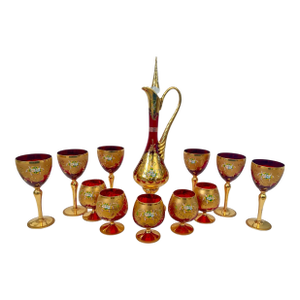 Vintage Murano Glass E. Vianello Signed & Painted 24kt Ruby Decanter, 6 Wine, 5 Brandy. Set of 12
