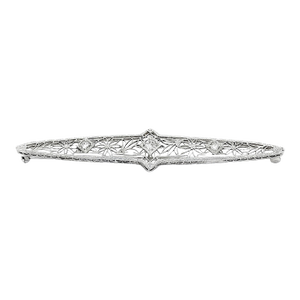 Early 20th Century Edwardian 14k White Gold Filigree Bar Pin With 3 Diamonds Weighing .25 Carats