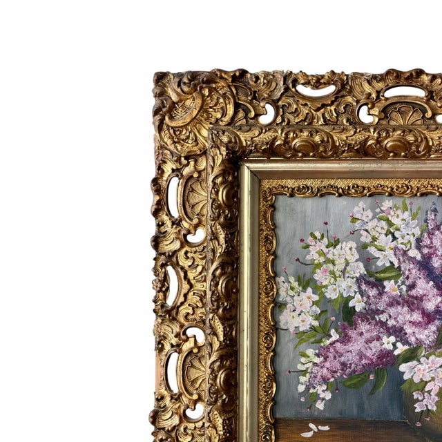 Early 21st Century Lilac Still-Life Oil Painting in Ornate Antique Gilt Frame by Alexandrov 1983 For Sale - Image 5 of 12
