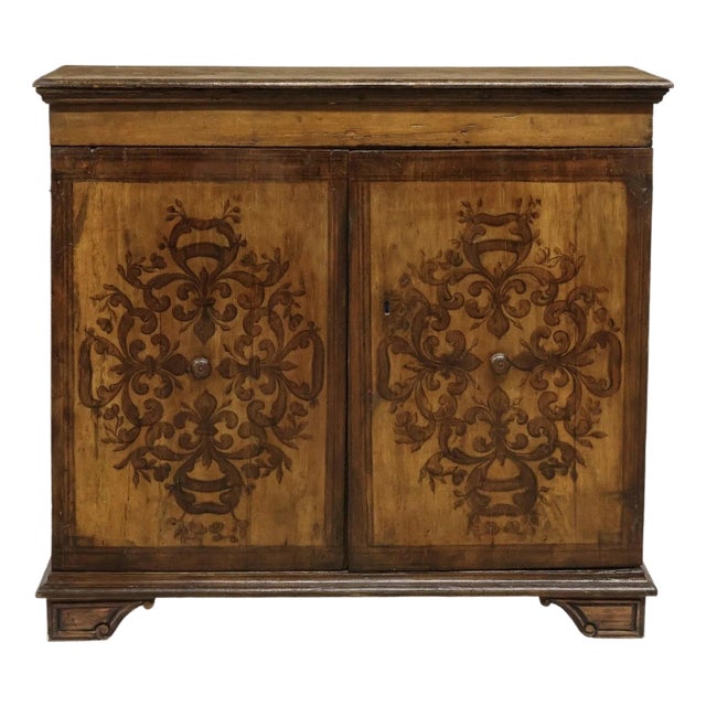 Early 18th C. Italian Baroque Inlaid Wood Sacristy Cabinet Rustic Antique Credenza For Sale
