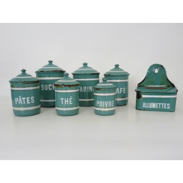 Enameled Sheet Metal Spice Jars, 1930s, Set of 7 For Sale - Image 11 of 11