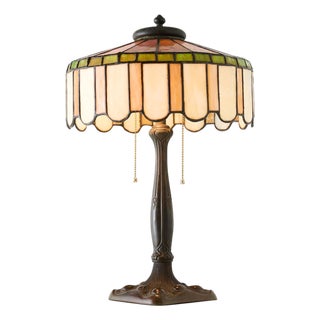 1920s Art Nouveau Slag Glass Table Lamp with Metal Overlay For Sale