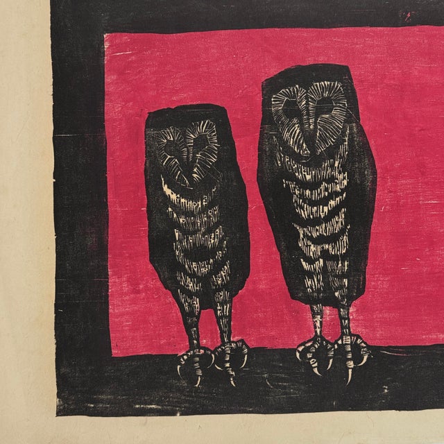 Richard Hood: Expressionist Owl Unique Woodcut Print This is a vintage woodcut print by the artist Richard Hood. It...