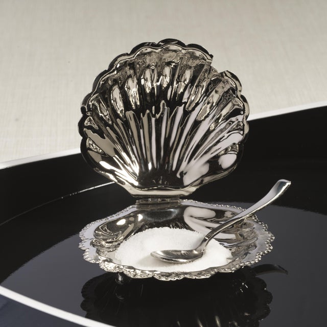Metal Cap Ferrat Fan Shell Lidded Bowl with Spoon, Nickel For Sale - Image 7 of 8