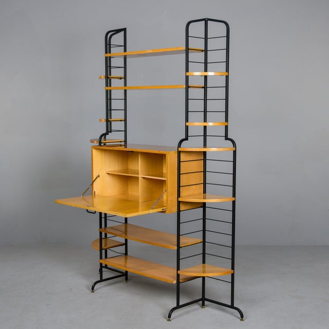 Brown Mid Century Italian Free Standing Blond Wood and Black Metal Shelf Cabinet For Sale - Image 8 of 12