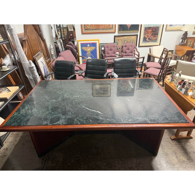Contemporary Mid 20th Century Verde Marble Encased Mahogany Wood Conference Table For Sale - Image 3 of 8