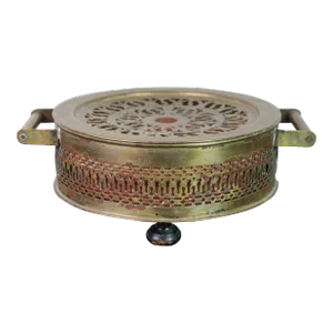 Antique French Victorian Reticulated Round Brass Foot Warmer Burner 11"