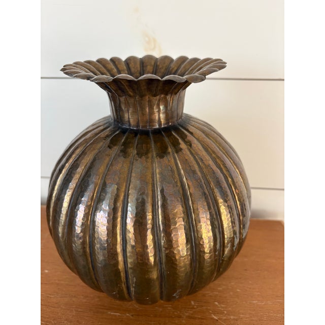 Egidio Casagrande Hammered Brass Ribbed “Pumpkin Form” Vase, Signed Italy Mid Century Modern For Sale - Image 4 of 11