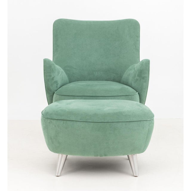 Vladimir Kagan High Back Barrel Swivel Lounge Chair and Ottoman, Model 100B, in green suede upholstery, the chair on...