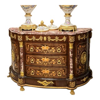 Monumental French Empire Bombe Commode With Marble Top, Floral Marquetry, Bronze Mounts & Gold Leaf Accents For Sale