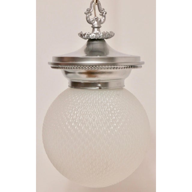 Traditional Antique Opaline Glass Globe and Cast Metal Hanging Pendant Light Fixture For Sale - Image 3 of 12