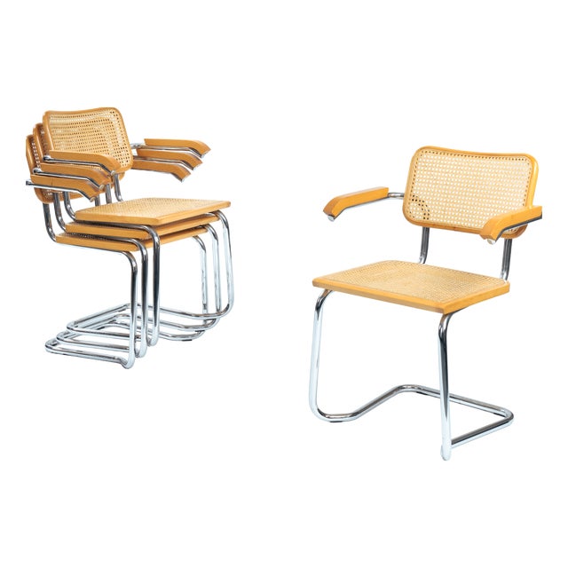 Bauhaus Beech and Wicker Chairs, 1970s, Set of 4 For Sale