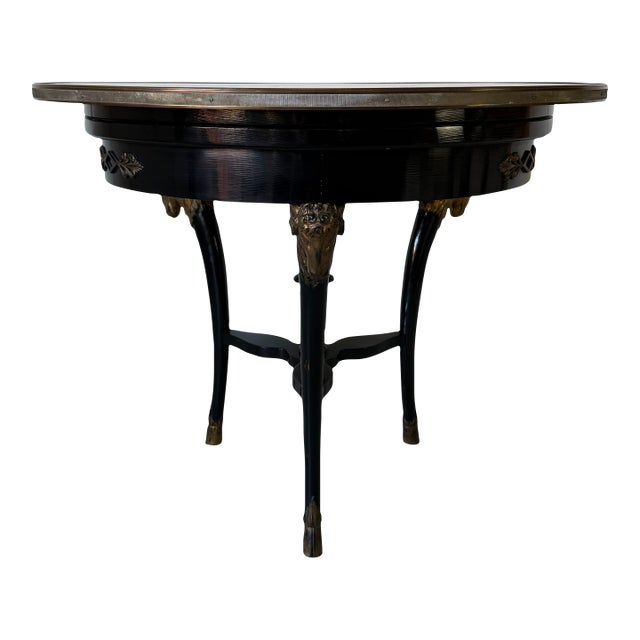 Vintage Baker French Empire Regency Style Accent Table With Brass Trim & Ram Head Legs For Sale