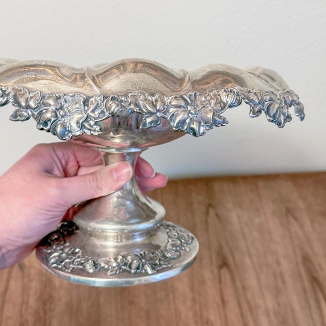 Antique Meriden Britannia Repoussé Hollowware Sterling Pedestal Compote For Sale - Image 9 of 9