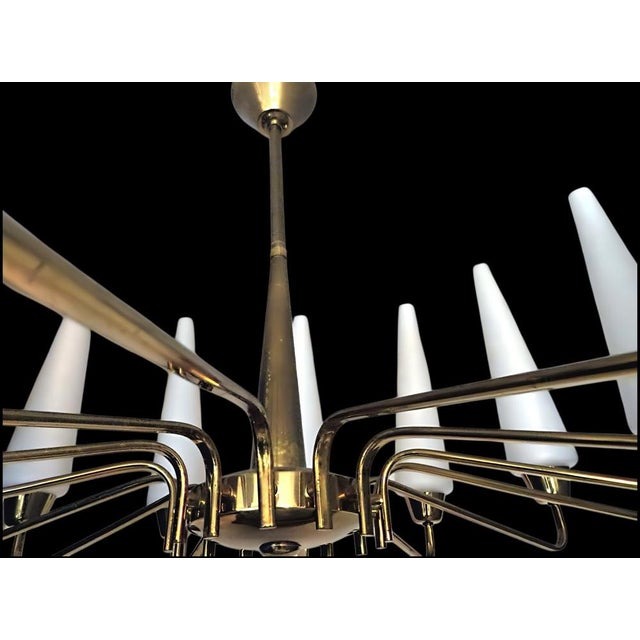 Metal Large Mid-Century French Sunburst Chandelier with 14 White Satin Glasses from Arlus, 1950s For Sale - Image 7 of 14