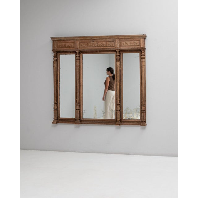 Wood 1900-1909 France Warm Golden Oak Carved Oak Triptych Mirror For Sale - Image 7 of 11