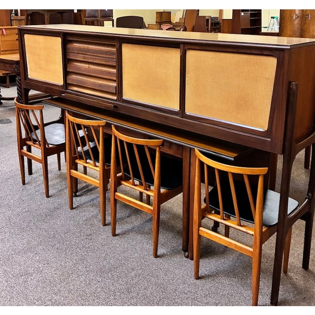 Iconic European Mid Century Modern Teak & Wicker Nesting Dining Suite W/ Credenza, Dining Table & Four Chairs c.1960 For Sale - Image 11 of 18