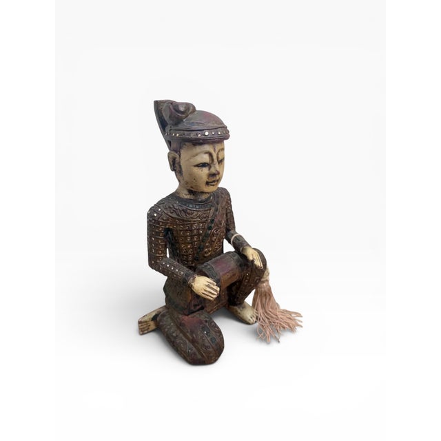 Mid 20th Century Hand-Carved Chinese Wooden Figural Sculpture of Seated Musician With Drum For Sale - Image 4 of 14