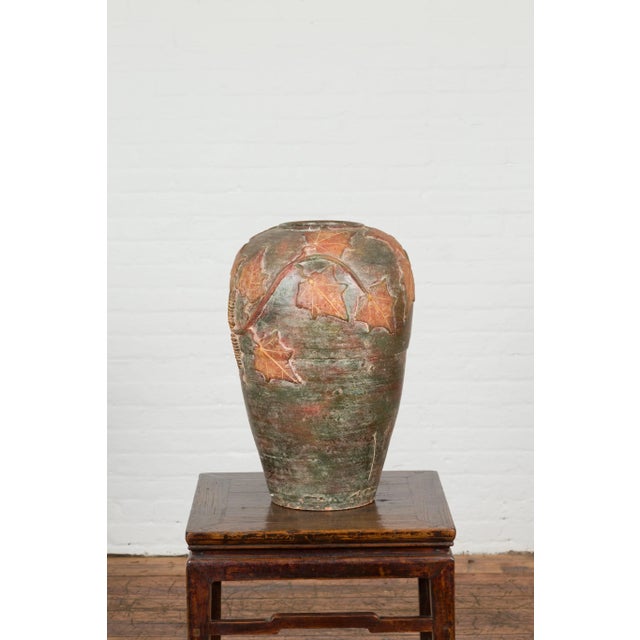 Ceramic Vintage Thai Garden Vase with Vine Leaves Motifs, Orange and Green Tones For Sale - Image 7 of 13