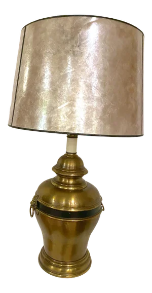 Vintage Lions Head Brass Urn Lamp With Capiz Shade