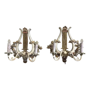 Late 20th Century French Carved and Painted Two-Light Lyre Wall Sconces - Set of 2